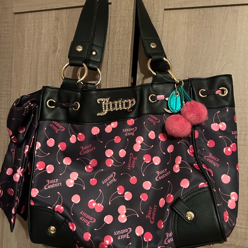 Juicy Couture Black and Pink Cherry Print Tote
